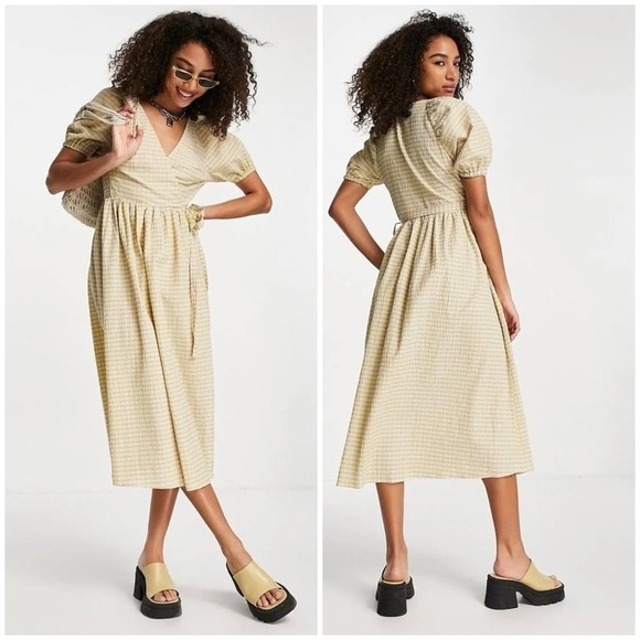 Topshop Seersucker Checker Print Midi Wrap Dress in Purple & Yellow Size 8 NWT - Picture 1 of 10